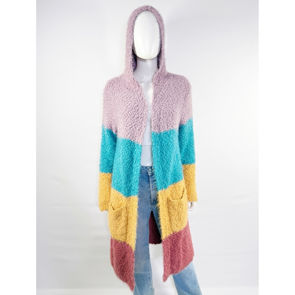 Happy Place Colorful Striped Fuzzy Cardigan Sweater Size M Open Front Hooded